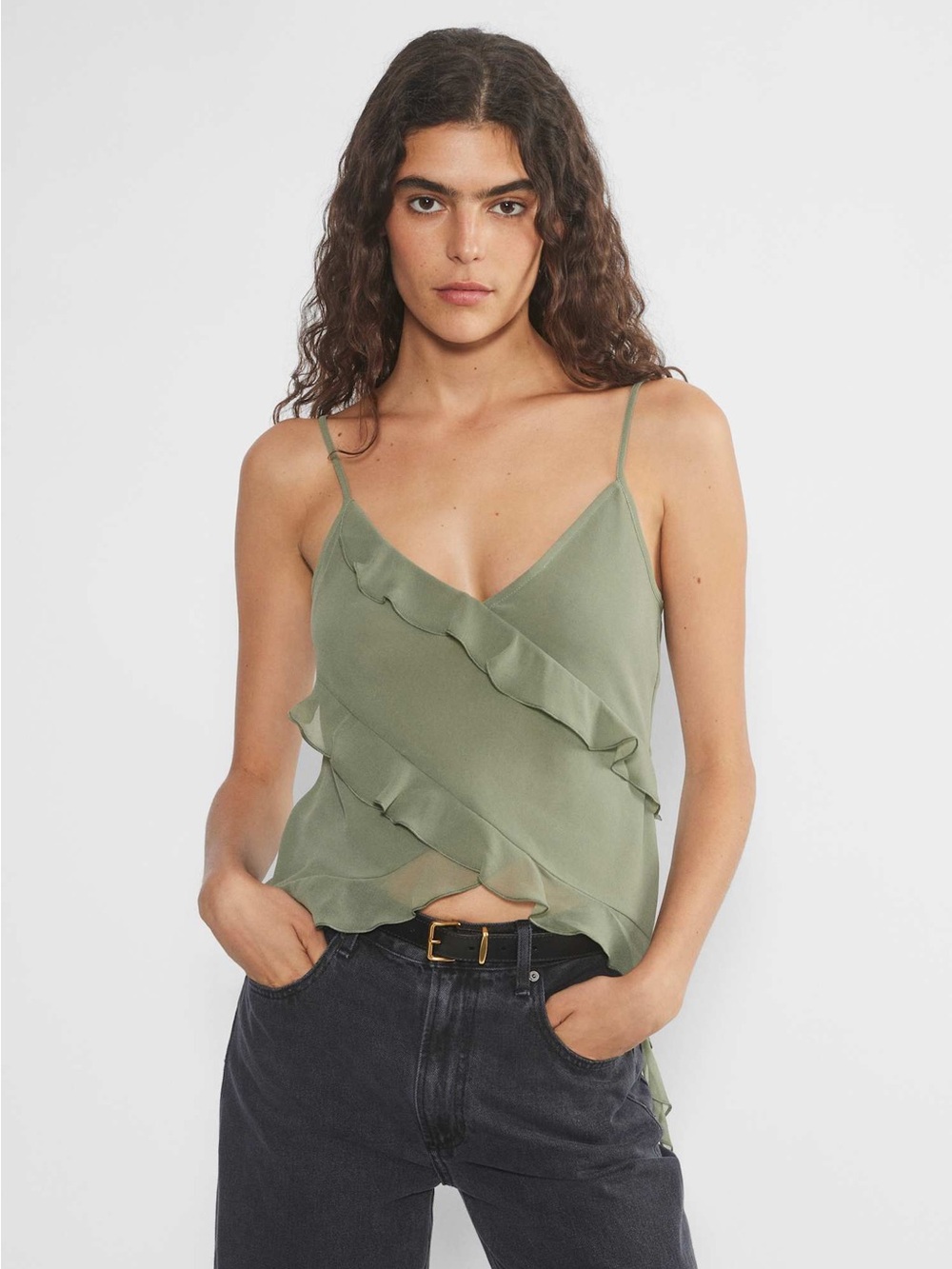 Aritzia Wilfred Eminensce Top Sage Green Ruffle Chiffon Camisole Size Small EUC